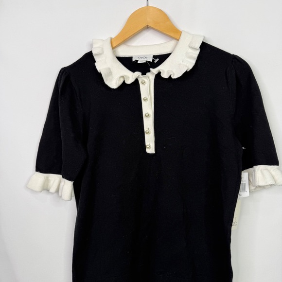 CeCe Short Sleeve Contrast Collar Polo Sweater Womens Size Medium Black NWT - Picture 4 of 7